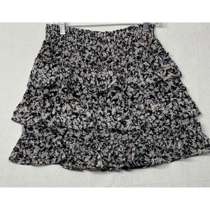 Express Ruffle Mini Skirt Smocked Waist Floral Print White Blue Black L - Picture 1 of 5