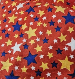 4.8yds - Minky Soft Cuddle Chenille Blue, Yellow, White Stars on Red Poly Fabric - Picture 1 of 4