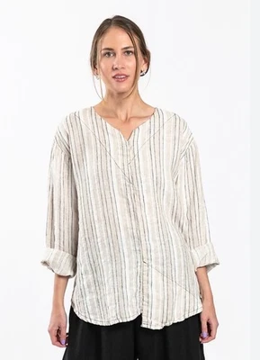 Top Cynthia Ashby Sigh de lino Lagenlook a rayas naturales talla 2 16-22 $268 Foto 1 de 4