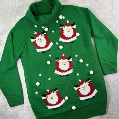 Suéter de Navidad para Mujer Cuello Alto Talla L Verde Santa Pom Pom Feo Navidad Pullover Foto 1 de 4