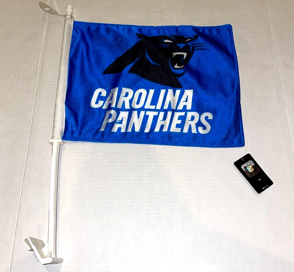 CAROLINA PANTHERS LOGOTIPO AZUL con TEXTO 11X14 blanco bandera de coche GENUINO NFL con licencia EE. UU. Foto 1 de 4