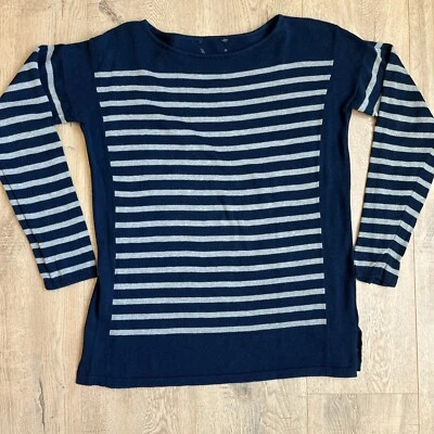 Nautical Coastal Navy Blue Stripe Sweater Boat Neck Gray Knit Casual Womens Sz S - Image 1 of 4