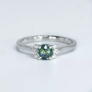 Unheated Teal Sapphire and Diamonds Ring in 14K White Gold - Picture 1 of 6