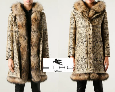 NUEVO ABRIGO BEIGE CON CAPUCHA MAPACHE FORRO DE CONEJO PIEL DESMONTABLE JACQUARD ETRO 44 - 8 Foto 1 de 4