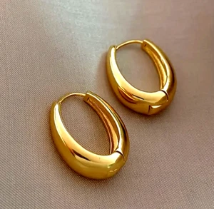 Golden Glossy Hoop Earrings Copper Jewelry Retro Simple Style Women Men Gift - Picture 1 of 6