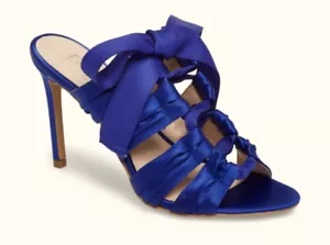 AVEC LES FILLES Janelle Satin Bow Tie Royal Blue High Heel Sandals Womens Sz 8.5 - Picture 1 of 7