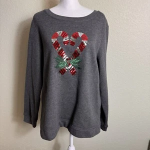 Karen Scott Sequin Heart Candy Cane and Holly Grey Sweatshirt Size M Sparkle - Picture 1 of 7