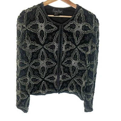 Chaqueta de Noche Vintage Laurence Kazar 100% Seda Bordada con Cuentas Negra Dorada L Foto 1 de 4