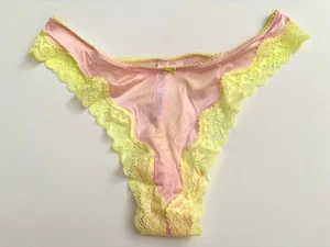 Victorias Secret Nwt Soft & Smooth Stretch Pink w/ Yellow Lace Tease Thong Panty - Picture 1 of 2