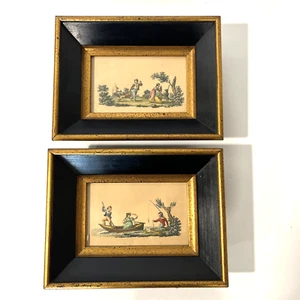 Vtg Beautiful 2 Mini Pictures Chunky Black Gold Frame Bridgerton Style People B - Picture 1 of 10
