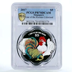 Singapore 5 $ Lunar Year Series Year of Rooster PR70 PCGS color silver coin 2017 - Picture 1 of 2