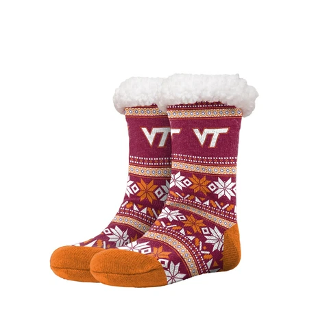 Virginia VA Tech Women's Fair Aisle Logo Tall Footy Slippers Size 6-10 Non Skid Cover