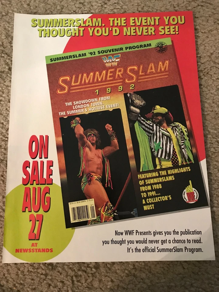 1992 WWF SUMMERSLAM PROGRAM PRINT AD ULTIMATE WARRIOR MACHO MAN RANDY SAVAGE - Image 1 of 1