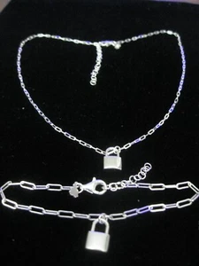 COLLAR DE BLOQUEO 16"" CADENA DE ESLABONES Y PULSERA + EXTENSOR DE 2"" ea .925 PLATA ESTERLINA - Imagen 1 de 5