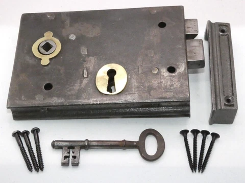 Old Antique cast iron left hand brass trimmed rim lock with original key (RL351) Cover