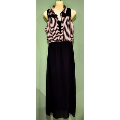 Maxi Vestido Freebird Sin Mangas con Superposición a Rayas Transparentes, Negro/Blanco, Talla S Foto 1 de 4