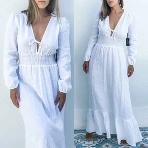 REFORMATION WHITE CHANTAL MAXI DRESS WHITE LINEN PEASANT DRESS SZ XS - Picture 1 of 14