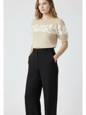 $228 ELIE TAHARI SUÉTER MANGA FOLHADA MALHA TOP M {ADEQUADO PARA S} FLORAL AVEIA ELEGANTE - Imagem 1 de 4