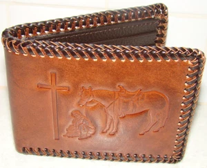 New Nocona Western Mens Wallet Bifold Toolded Leather Laced Cowboy Prayer Tan - Bild 1 von 8