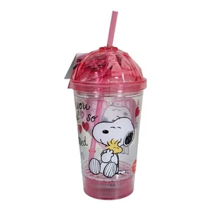 Peanuts Snoopy San Valentino Cuori Rosa Bicchiere Illuminato Cupola Cappellino e Paglia (NUOVO) - Foto 1 di 5