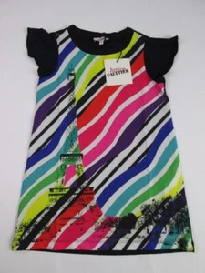 JUNIOR GIRLS GAULTIER SABHA RAINBOW STRIPED NEON PARIS EIFFLE TOWER DRESS 4A NWT - Picture 1 of 8