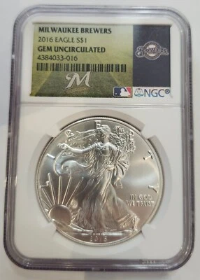 2016-P $1 Walking Liberty Silver Dollar NGC MS70 Baseball Team Brewers MLB Label - Image 1 of 4