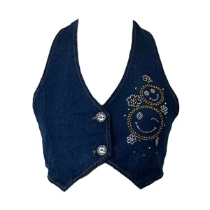 Girl's Medium Denim Vest Blue Bedazzled Fashion Button and Tie Back - Picture 1 of 7