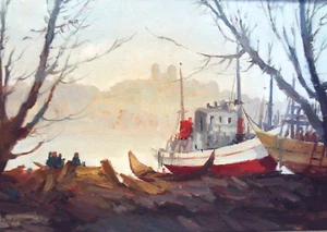Julio Amaro Original Vintage 1950s Oil on Canvas Marine Painting of Ships Boats - Picture 1 of 6
