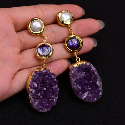 Pendientes de amatista de perlas blancas cultivadas con ambientador de cristal de Murano púrpura Foto 1 de 4