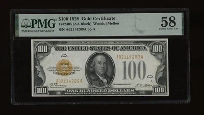 DBR 1928 $100 Gold Certificate Fr. 2405 PMG 58 Serial A02114209A - Image 1 of 2