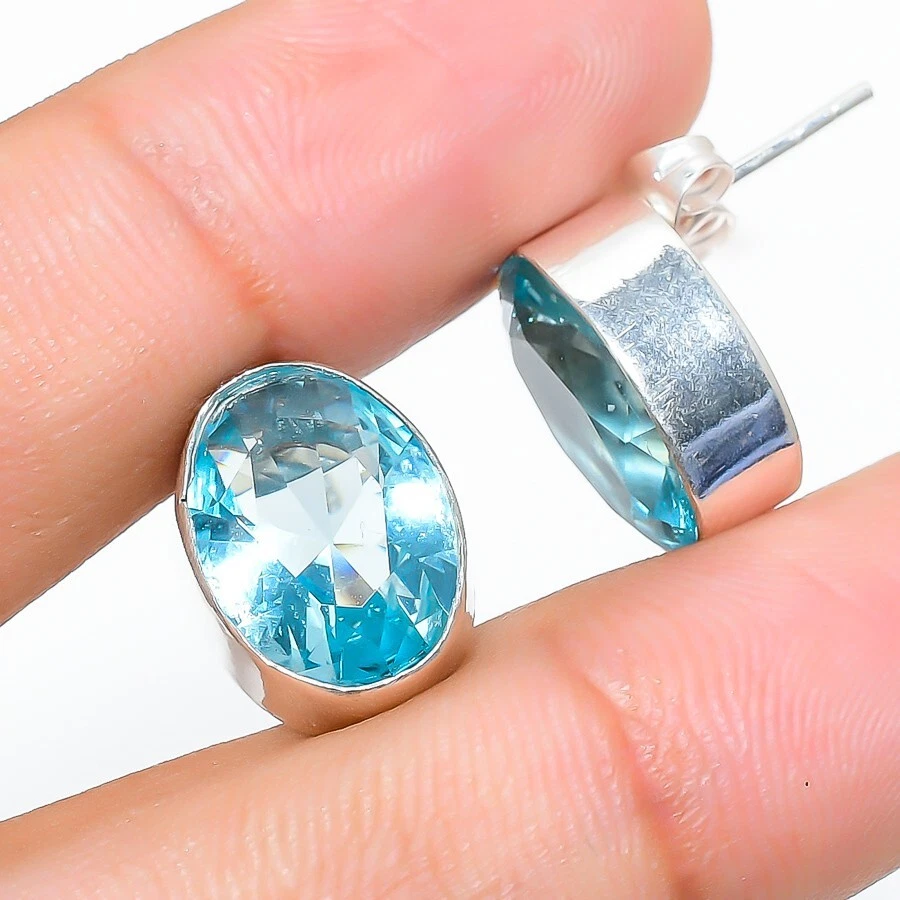Aquamarine Gemstone 925 Sterling Silver Jewelry Stud Earring Size 0.75" - Image 1 of 1