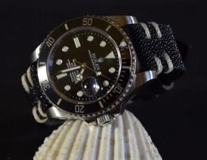 PULSERA RELOJ 22 20 18MM NEGRO BLANCO AUTÉNTICO RAYAS MA CORREA HECHA A MANO PARA ROLEX - Imagen 1 de 12