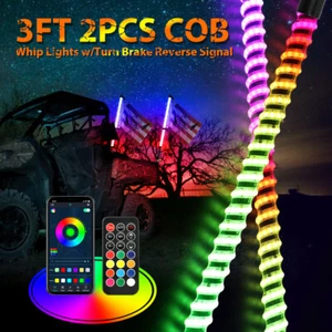 NEW Pair 3ft RGB COB Spiral LED Whip Lights Antenna Chase + Flag&Remote ATV UTV - Picture 1 of 14