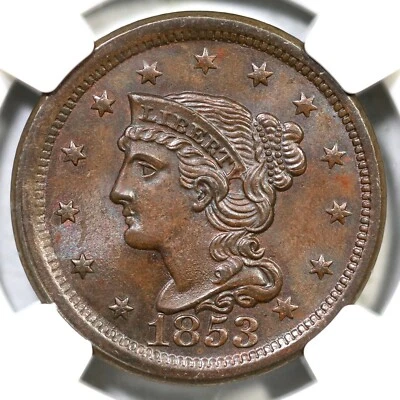 1853 N-27 R-2 NGC MS 64 BN Braided Hair Large Cent Coin 1c - Image 1 of 4