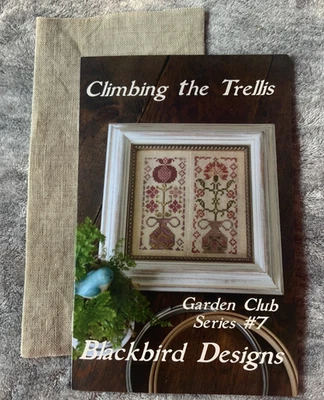 Blackbird Designs CLIMBING THE TRELLIS Pattern and Linen ~ Garden Club Series #7 - Image 1 of 4