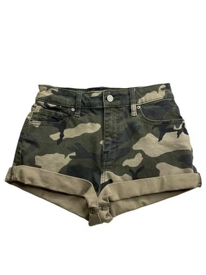 Eunina Kara Super High Rise High Low Rolled Shortie XS Camo Denim Shorts Cuffed - Image 1 of 4
