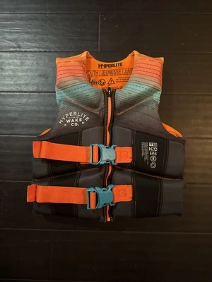 HYPERLITE WAKE CO USCG Approved Youth Life Vest 55-88 lbs. Orange/Blue/Gray - Image 1 of 4