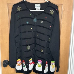 Quacker Factory Winter Snowman Zip Sweater 1X Black Embellished Cardigan - Picture 1 of 8