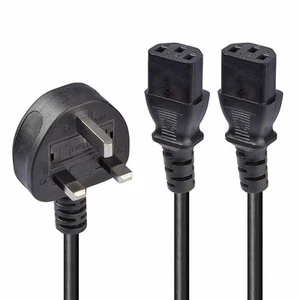 LINDY 30371 2.5m UK 3 Pin Plug to 2 x IEC C13 Splitter Extension Cable, Black UK - Afbeelding 1 van 8