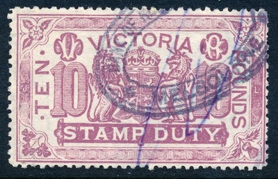 Victoria, Australia 1907 sello fiscal usado £10, BF28F, tipo II wmk, p. 11 VF Foto 1 de 4