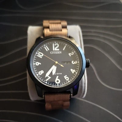 Solar Powered Citizen Eco-Drive Wristwatch  w Wooden strap | same day shipping - Image 1 of 4