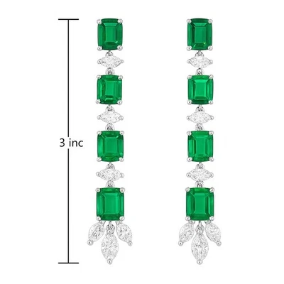 19.00 Ctw Emerald Cut Lab-Created Emerald Dangle Earring 14K White Gold Plated - Image 1 of 4