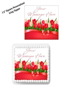 Cake Topper PERSONALISED RED TULIP Bow Edible Icing 7-8" SQUARE Decoration - Picture 1 of 10