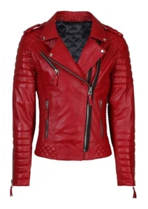 Women's Red Biker Genuine Sheepskin Leather Vintage Motorcycle Jacket - Picture 1 of 3