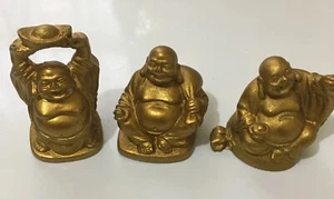 Three Miniature Laughing Buddha Statues Resin Gold Approx 2” - Picture 1 of 8