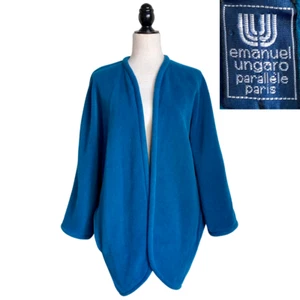 EMANUEL UNGARO Paris Vintage Cocoon Coat 1980s Teal Fleece w/ Pockets! Cozy Sz L - Picture 1 of 14