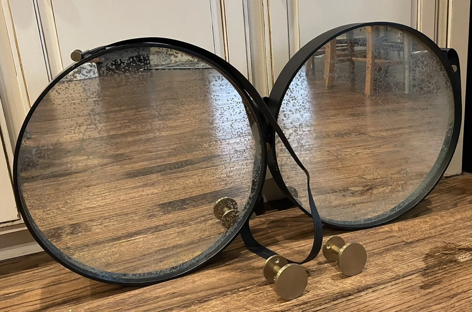 Expedition Round Hanging Wall Mirror Strap Brass Hanging Rods Speckled Lot 2 - Image 1 of 4