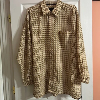 Sean John Yellow Brown Patten Button Down Long Sleeve Shirt Size Extra Large - Image 1 of 4