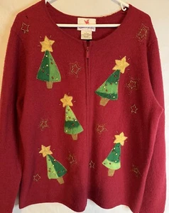 Quacker Factory Sweater Womens Large Red Christmas Trees 100% Wool 80’s Vintage - Picture 1 of 9
