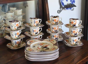 Vintage 35 Piece Set Woods Burslem Denbigh English Bird Flowers Gold Trim - Picture 1 of 17